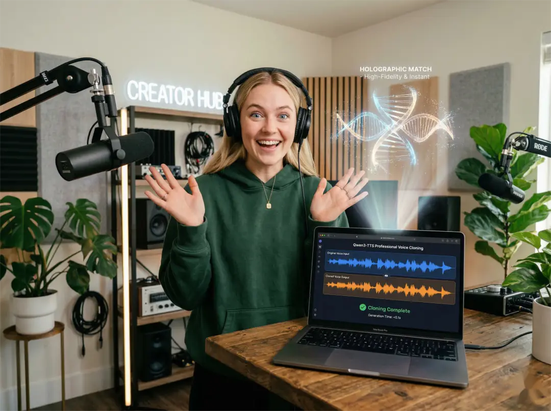 A professional female podcaster in a studio reacts with excitement as her laptop displays a high-fidelity holographic soundwave, amazed by the flawless voice cloning generated by Qwen3TTS.