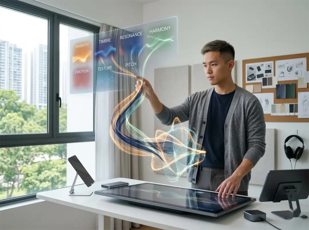 A male creator at his desk uses a futuristic holographic touch panel to select voice and emotion tags, experiencing how Qwen3TTS creates a custom AI voice entirely from scratch.